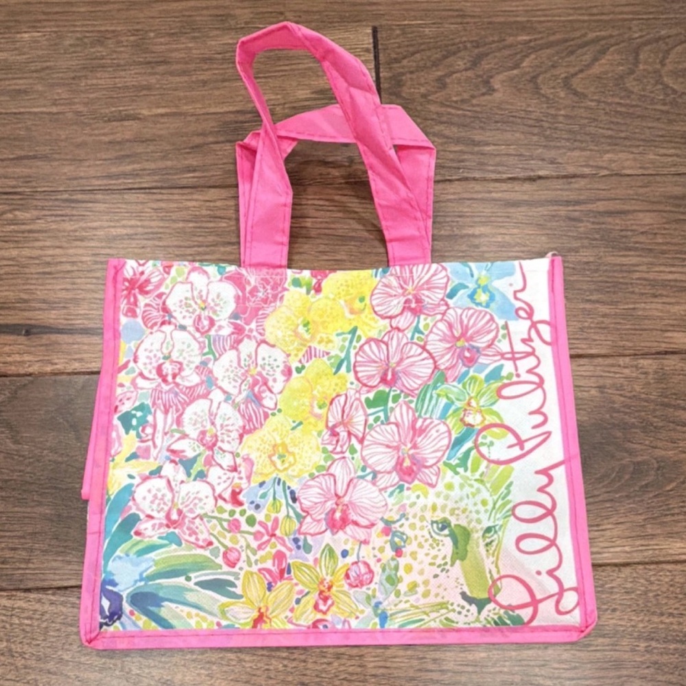 Lilly Pulitzer Foldable Reusable Shopping Bag Pink Floral Hibiscus Tiger Design
